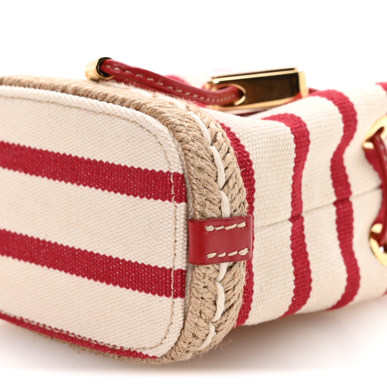 Prada Canvas Stripe Metal Triangle Logo Mini Drawcord Pouch Shoulder Bag Avorio Rosso 10 of 10
