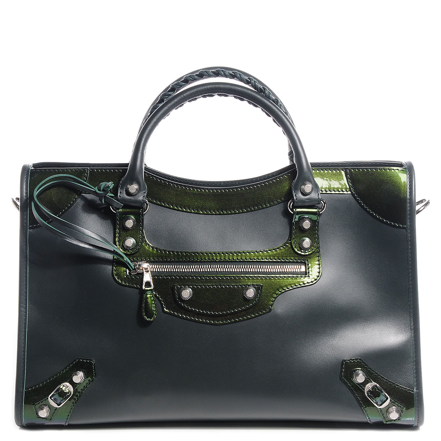 Smooth Calfskin Metallic Patent Giant 12 Silver Hardware City Vert Poker Fonce