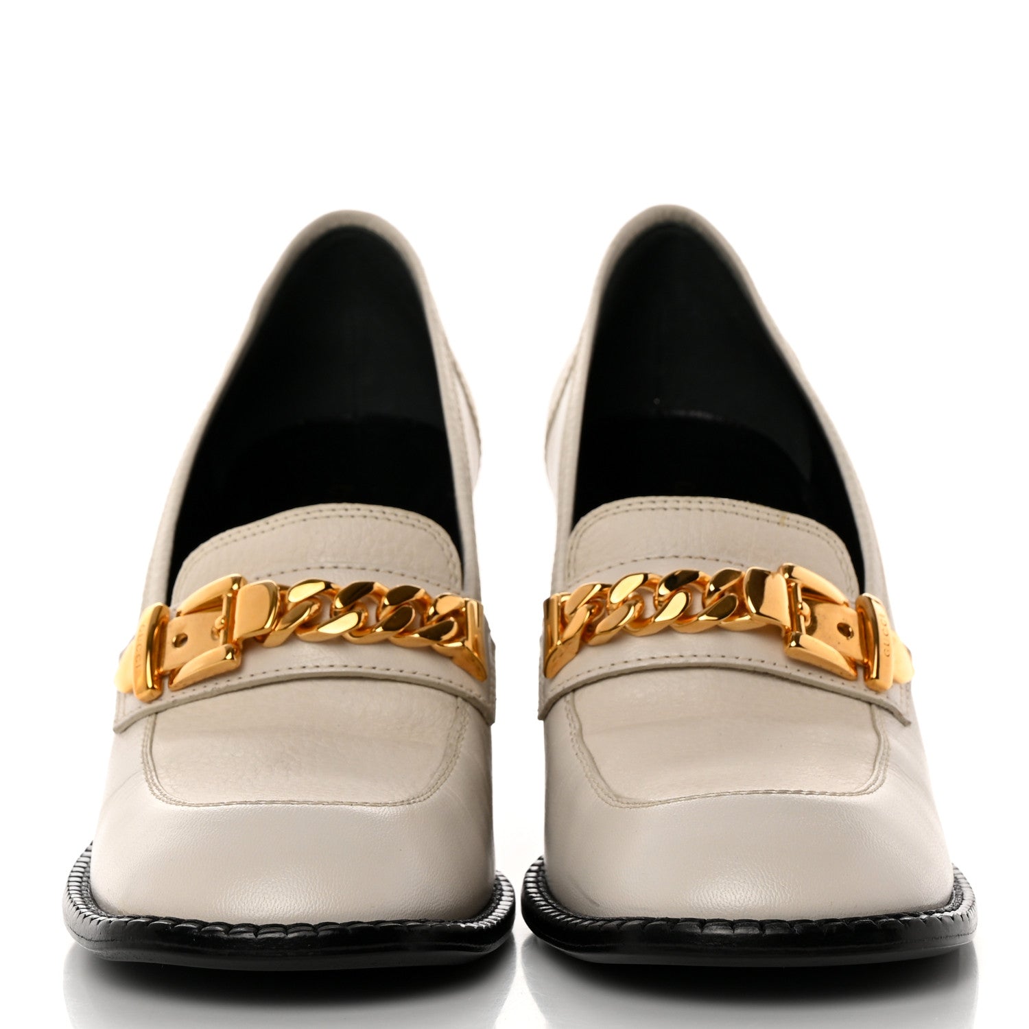 Gucci Goatskin Pebbled Calfskin Sylvie Chain Mid Heel Loafers 37.5 Mystic White 2 of 8