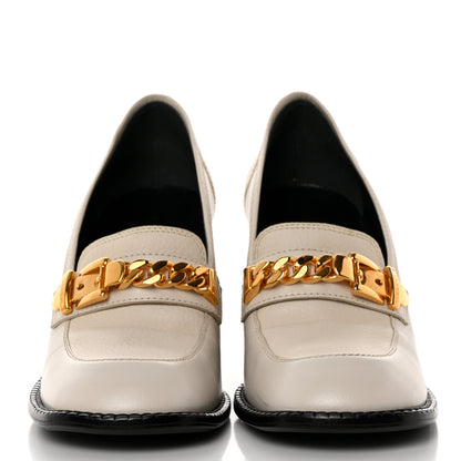 Gucci Goatskin Pebbled Calfskin Sylvie Chain Mid Heel Loafers 37.5 Mystic White 2 of 8