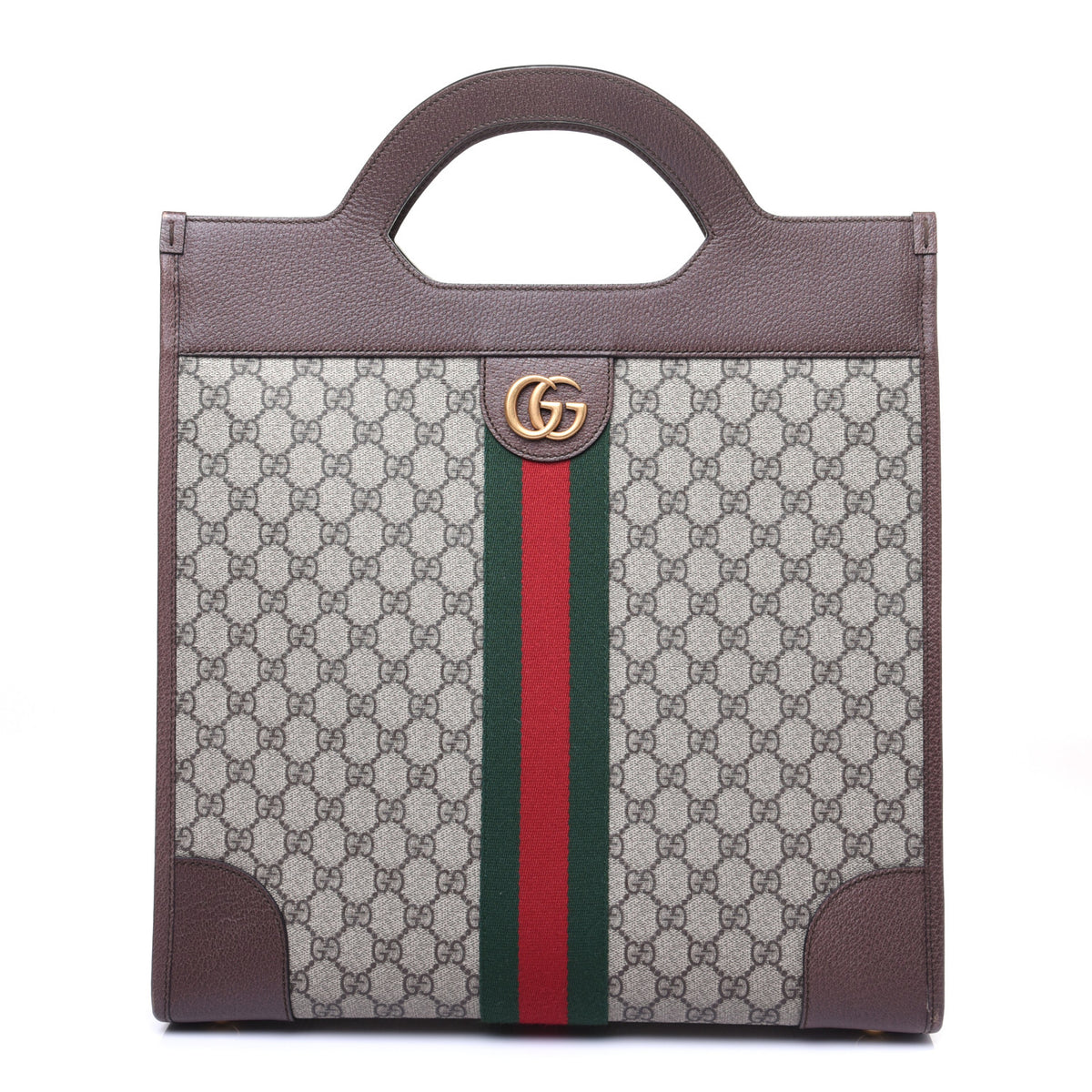 GG Supreme Monogram Textured Calfskin Web Medium Ophidia Slip Handle Tote Beige Ebony New Acero