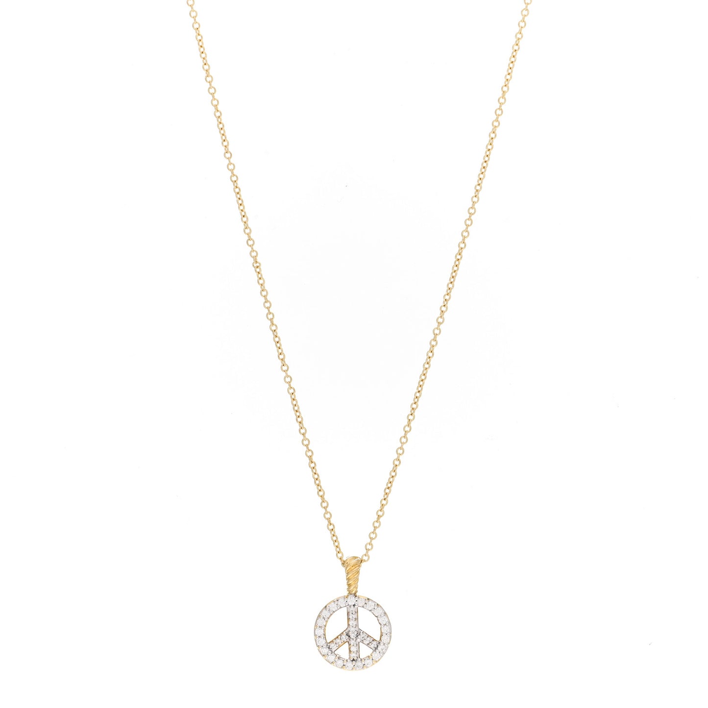 18K Yellow Gold Diamond Cable Collectibles Peace Sign Pendant Necklace