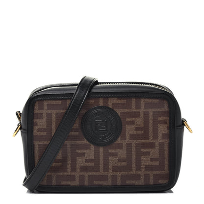 Fendi Glazed Fabric Vitello Century FF 1974 Stamp Patch Mini Camera Case Mogano Panna Black 1 of 9