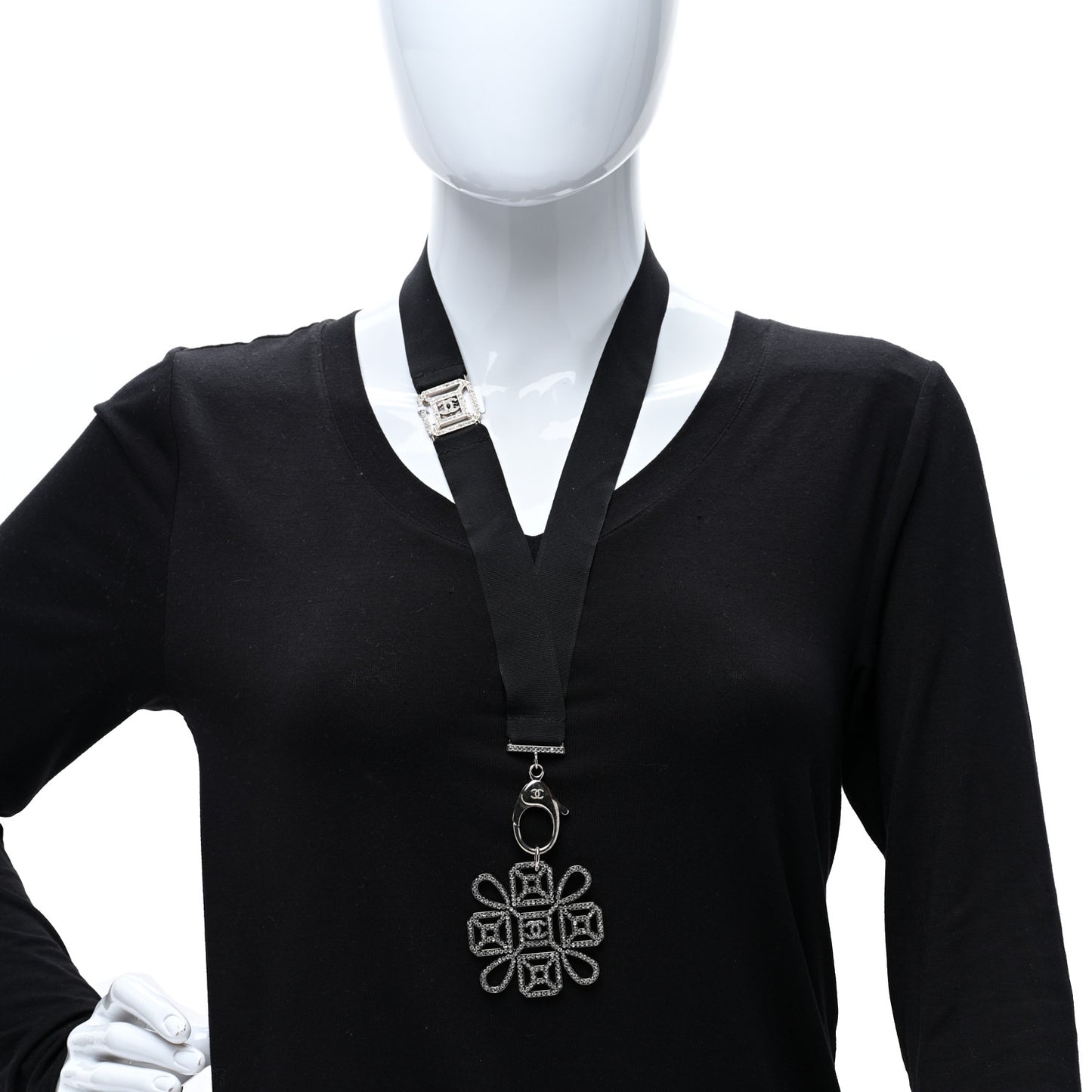 Crystal CC Cross Lanyard Necklace Black Silver