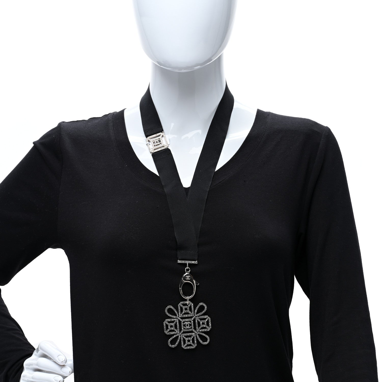 Chanel Crystal CC Cross Lanyard Necklace Black Silver 3 of 4