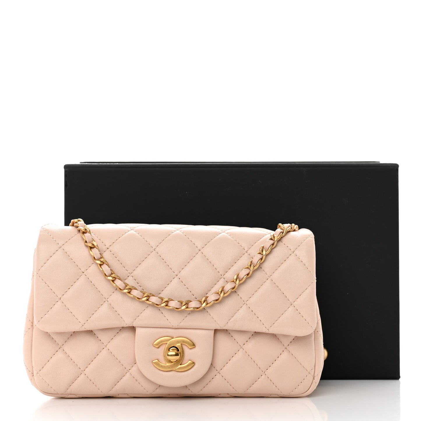 Lambskin Quilted Mini Pearl Crush Rectangular Flap Light Beige