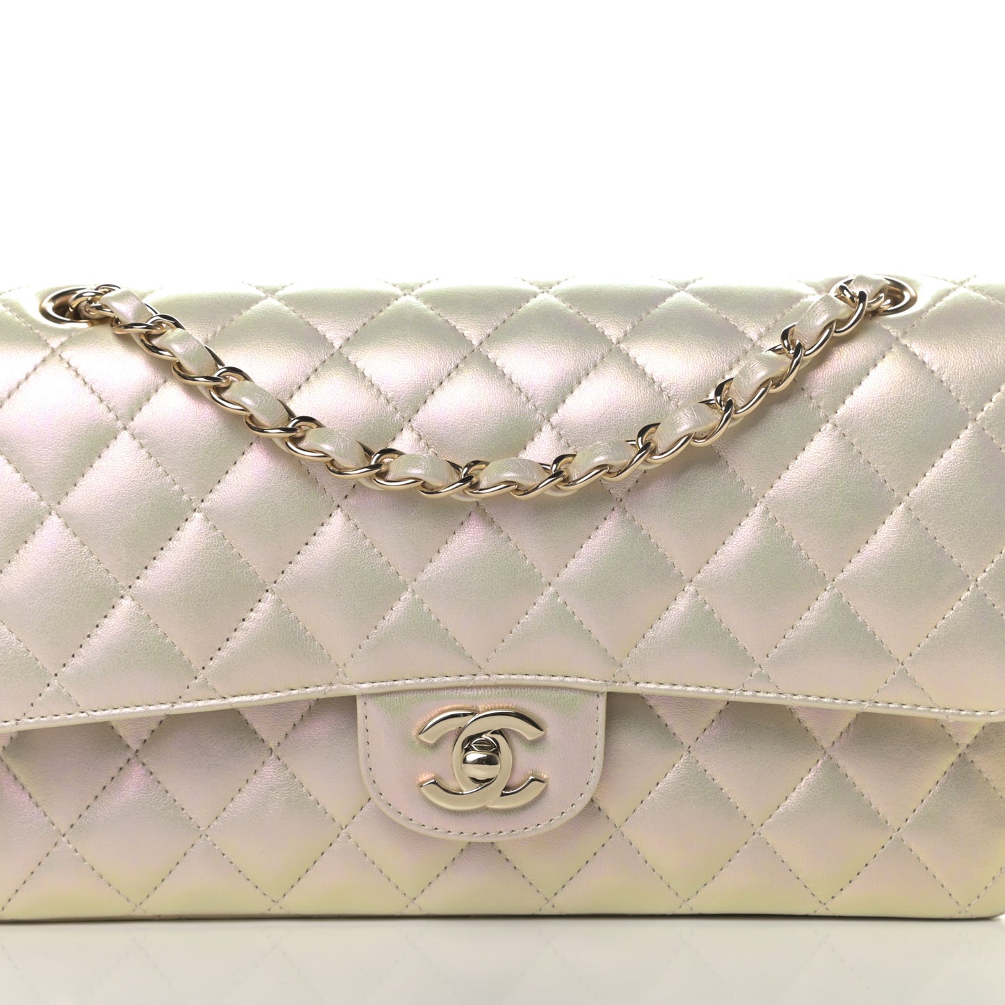 Iridescent Lambskin Quilted Medium Double Flap Ivory