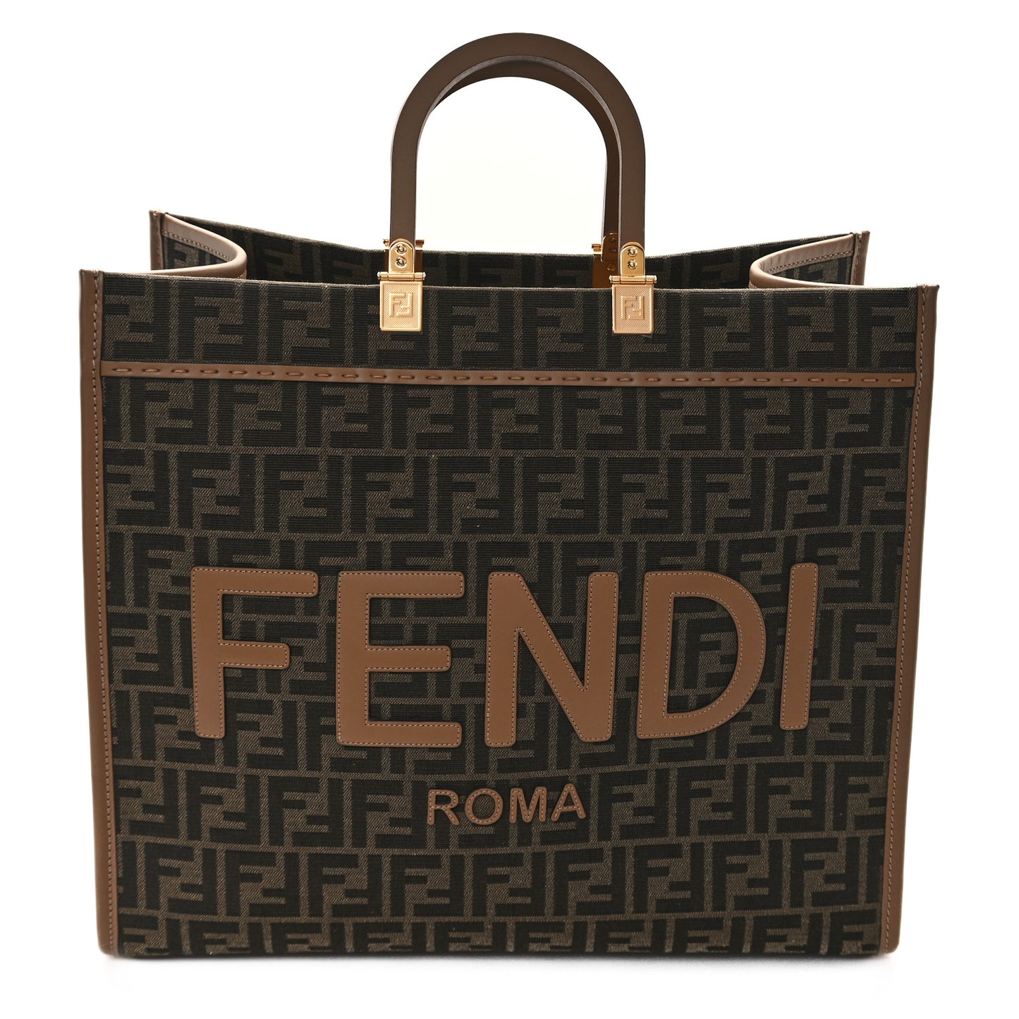 Fabric Jacquard FF 1974 Logo Large Fendi Sunshine Shopper Tote Tobacco Moro Sand