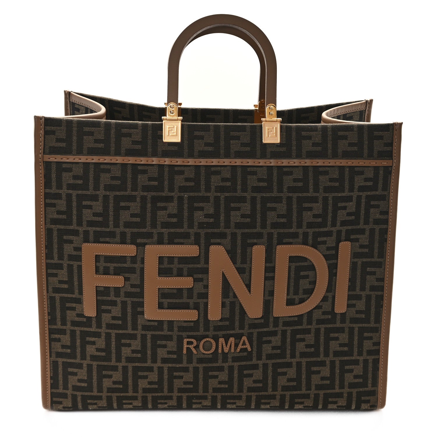 Fendi Fabric Jacquard FF 1974 Logo Large Fendi Sunshine Shopper Tote Tobacco Moro Sand 1 of 12