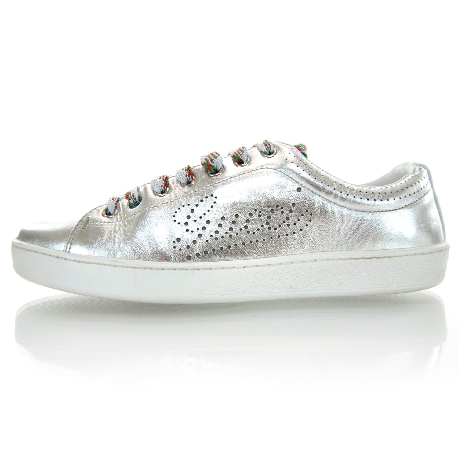 Gucci Mens Leather Perforated Logo Metallic Sneakers 7.5 Silver 1 of 6