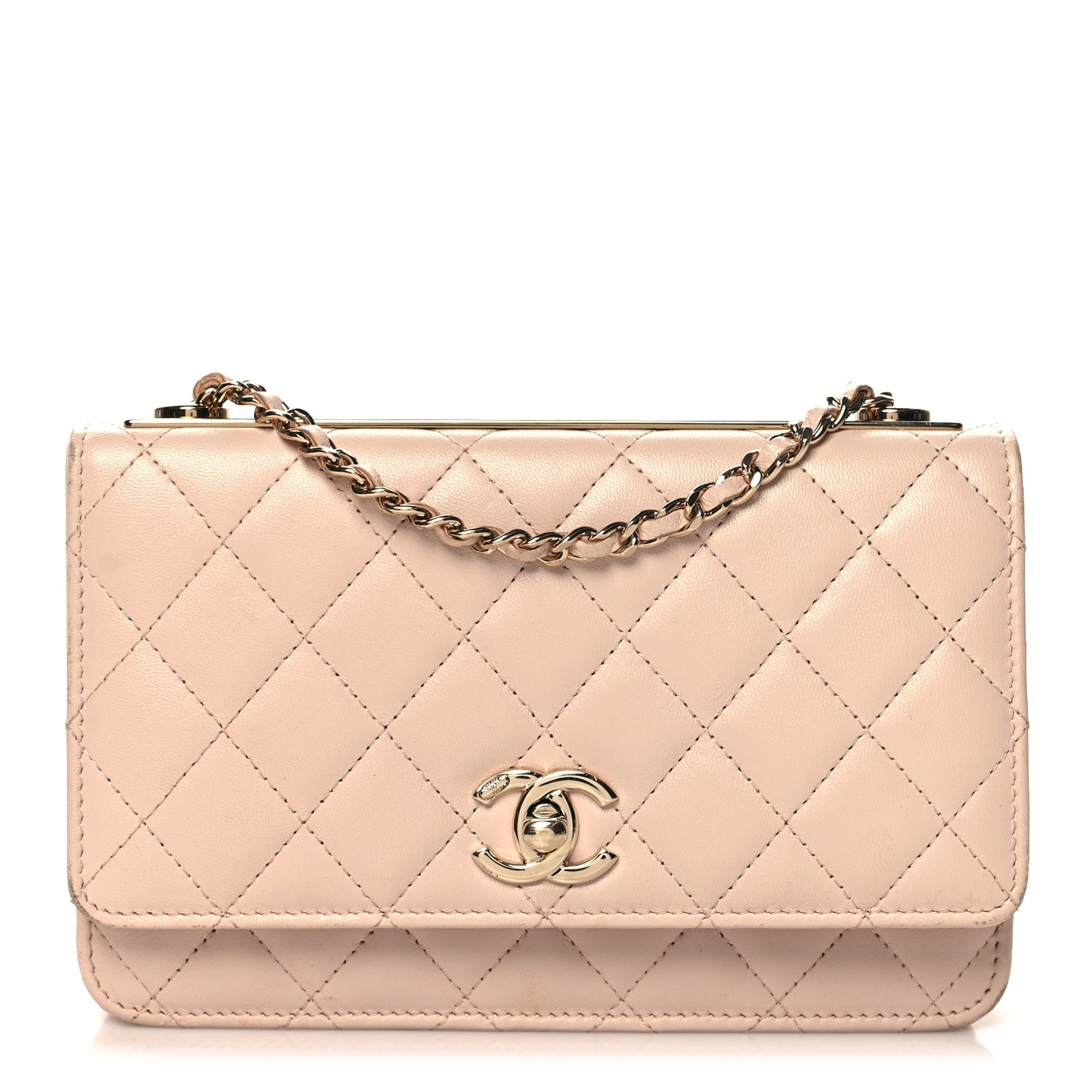 Lambskin Quilted Trendy CC Wallet On Chain WOC Light Beige