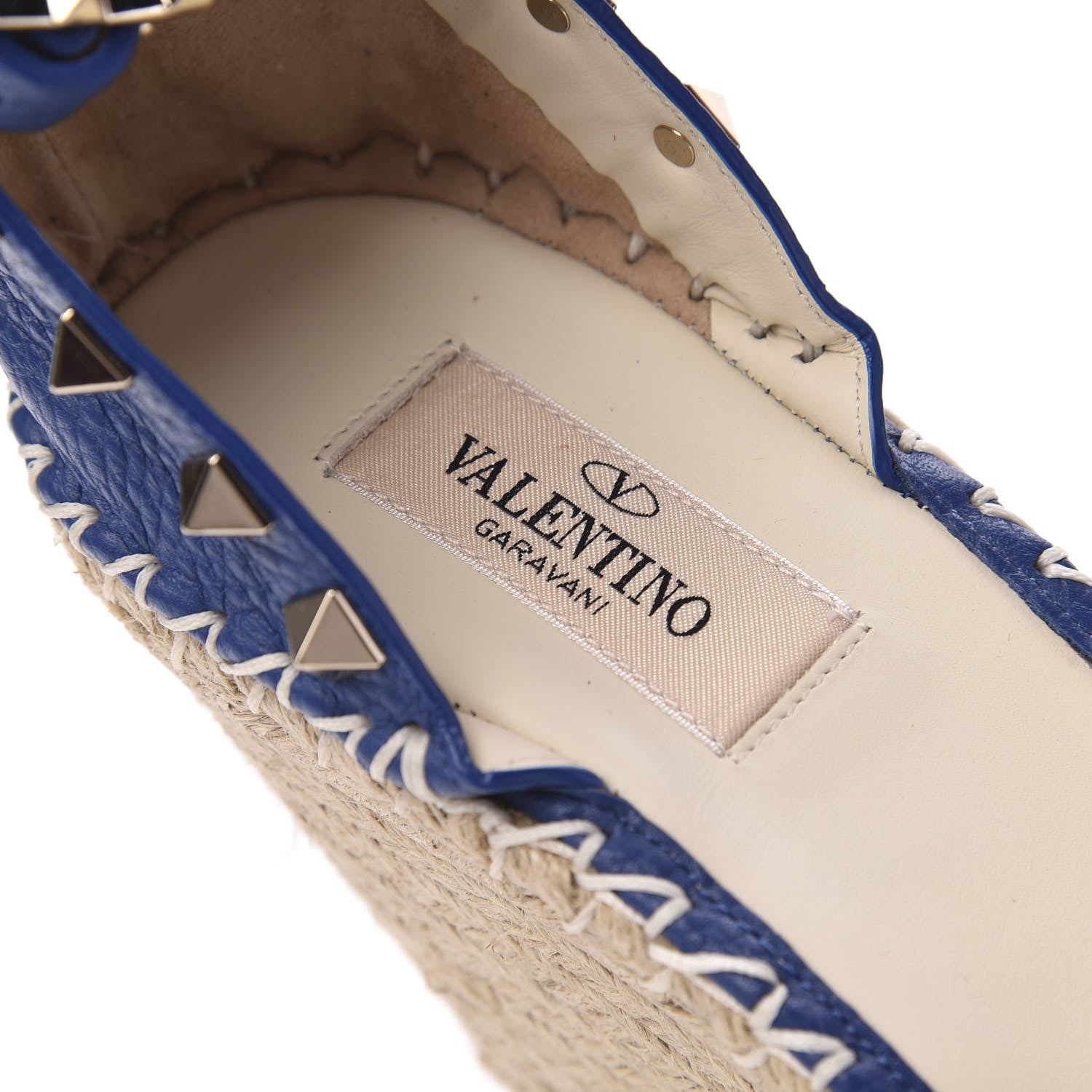 Valentino Garavani Grained Calfskin Rockstud Ankle Strap Espadrille 15/105mm Wedge Sandals 38 Blu Delft Natural 6 of 8