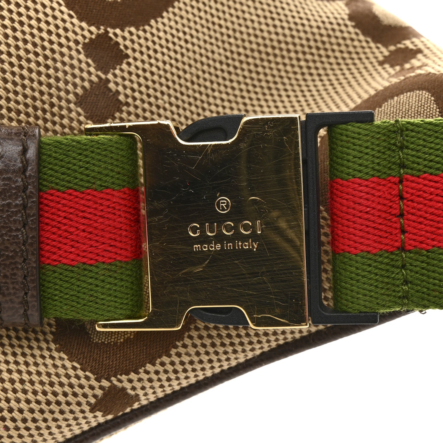 Gucci Monogram Jumbo GG Textured Dollar Calfskin Web Belt Bag Camel Ebony New Acero 12 of 15