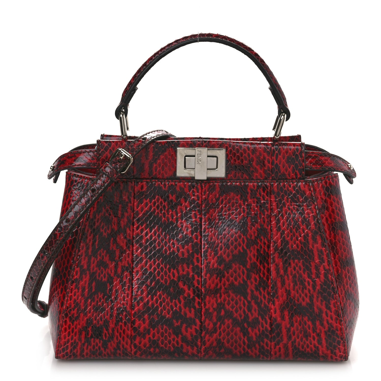 Fendi Snakeskin Shiny Nappa Mini Peekaboo Iconic Satchel Red 1 of 9