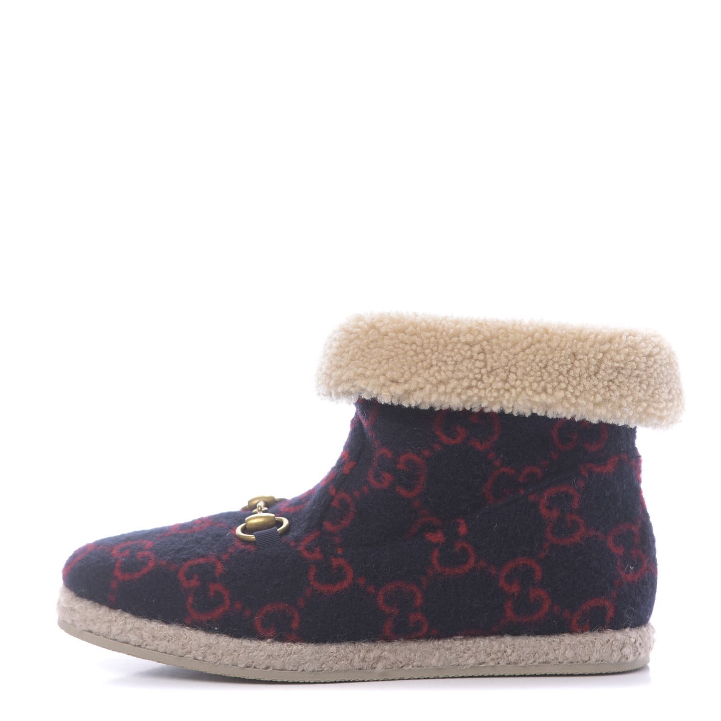 Covered Wool GG Monogram Womens Fria Horsebit Ankle Boots 37 Blue Red Butterscotch
