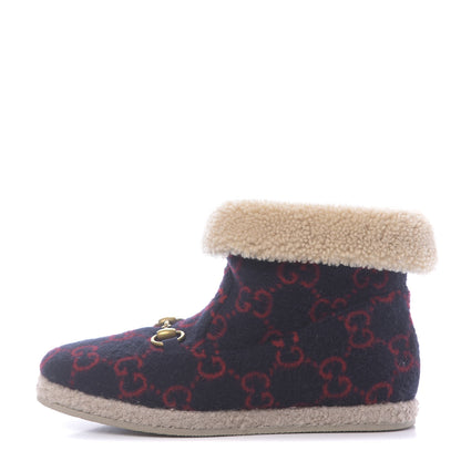 Gucci Covered Wool GG Monogram Womens Fria Horsebit Ankle Boots 37 Blue Red Butterscotch 1 of 9
