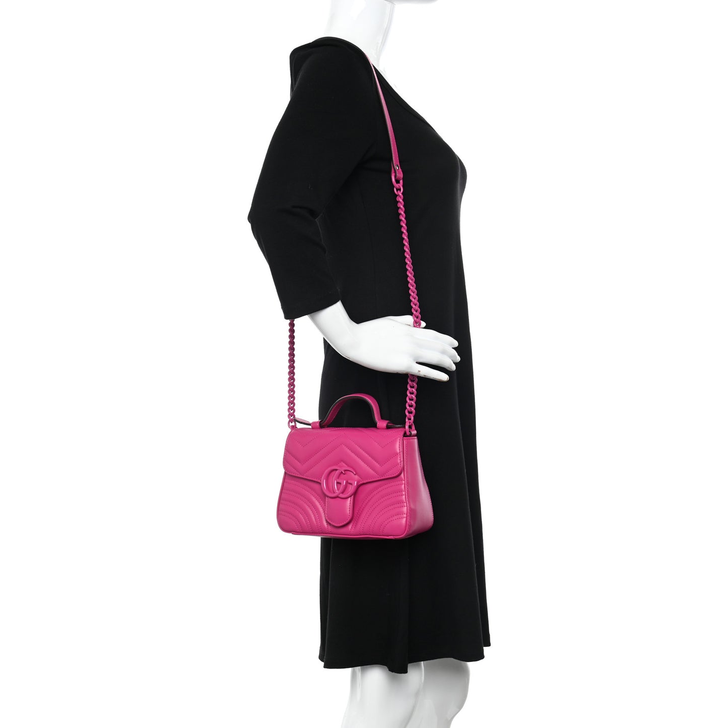 Calfskin Matelasse Monochrome Mini GG Marmont Top Handle Shoulder Bag Classic Fuxia