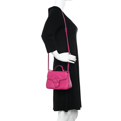 Gucci Calfskin Matelasse Monochrome Mini GG Marmont Top Handle Shoulder Bag Classic Fuxia 2 of 10