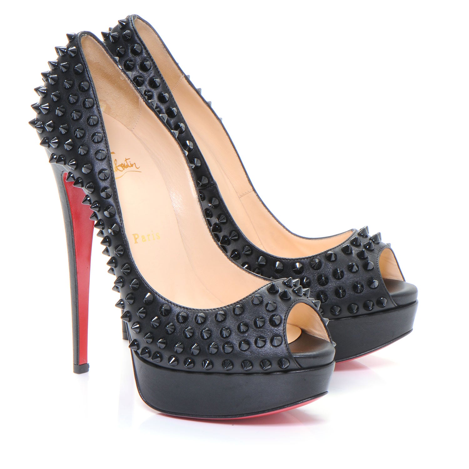 Christian Louboutin Calfskin Lady Peep Spikes VIP 150 Pumps 39.5 Black 3 of 6