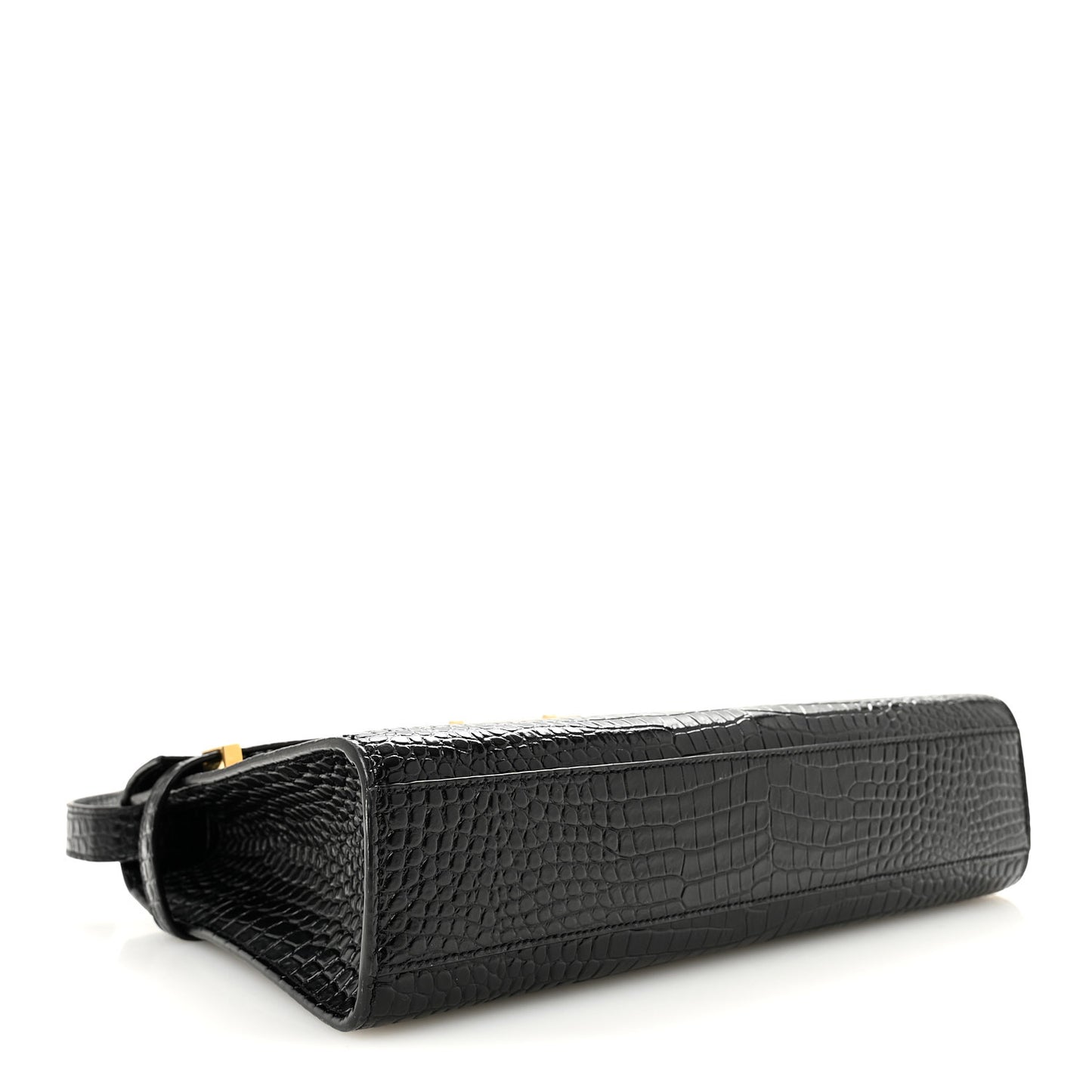 Shiny Calfskin Crocodile Embossed Manhattan Baguette Black