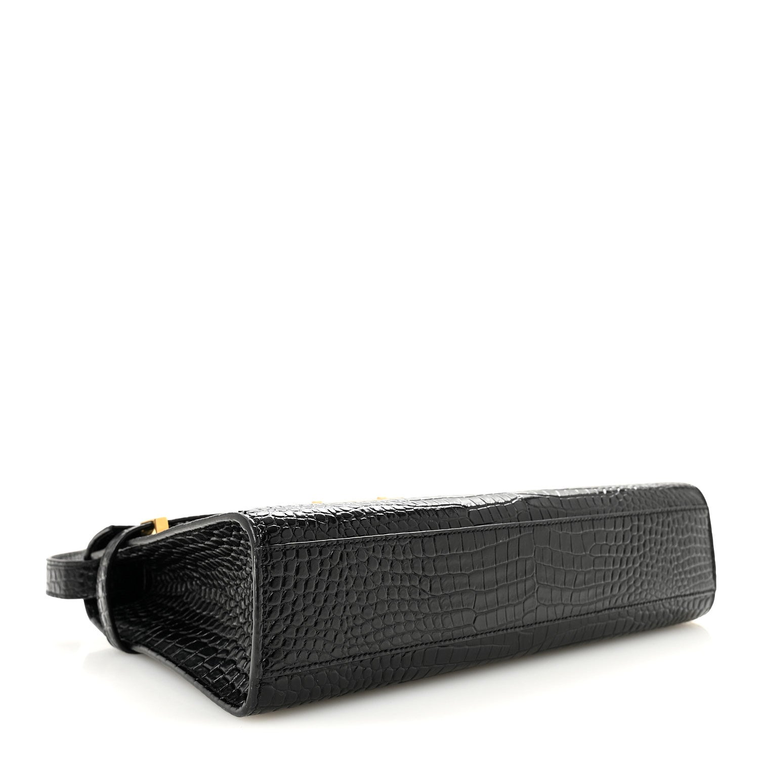 Saint Laurent Shiny Calfskin Crocodile Embossed Manhattan Baguette Black 4 of 9