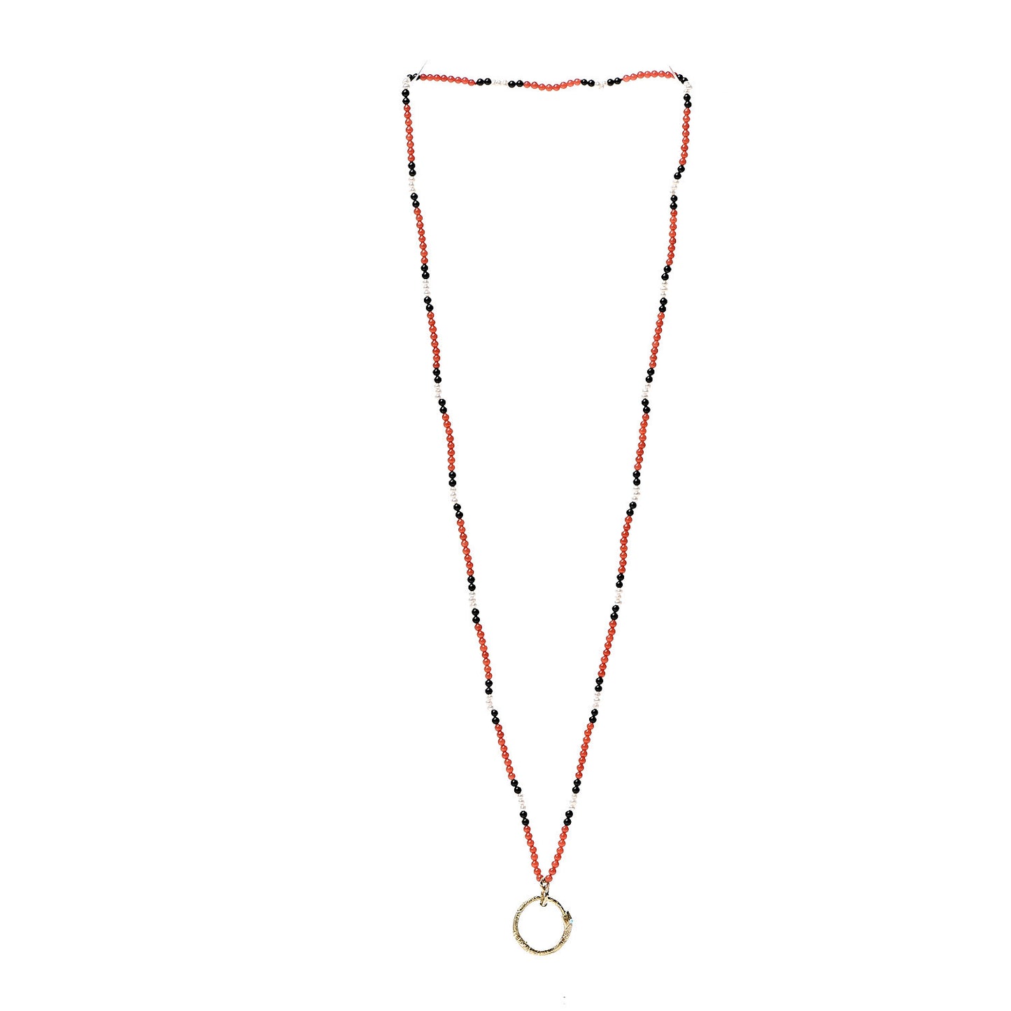 18K Yellow Gold Coral Black Onyx Freshwater Pearl Turquoise Ouroboros Pendant Necklace