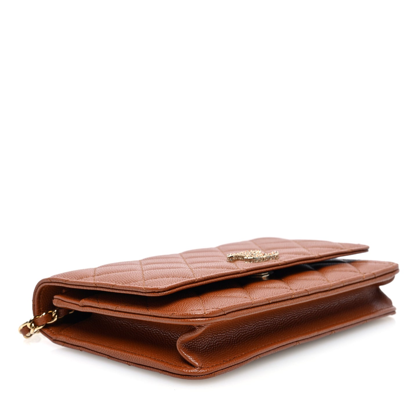 Shiny Caviar Quilted Strass Wallet On Chain WOC Light Brown