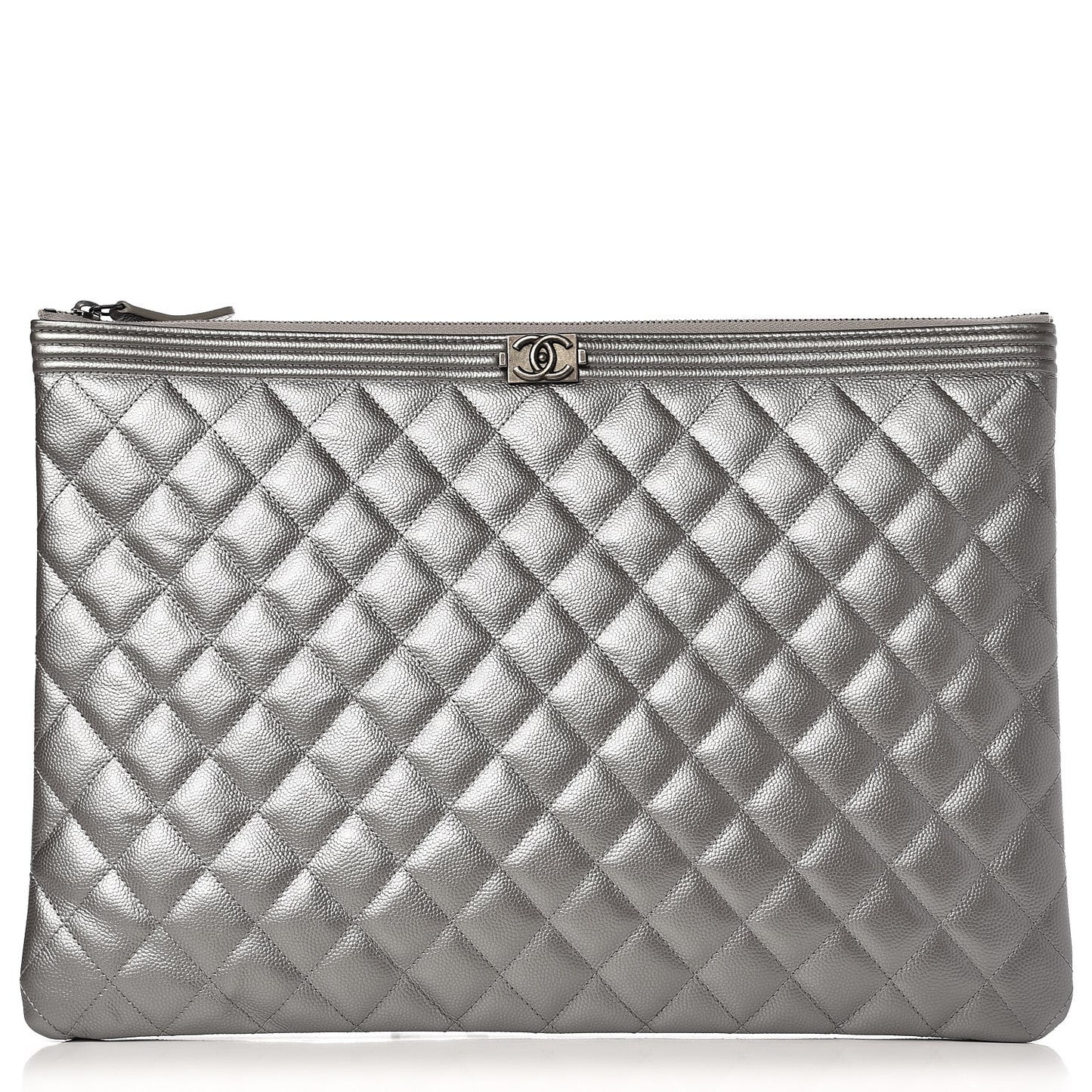 Metallic Caviar Quilted Large Boy Cosmetic Case Silver