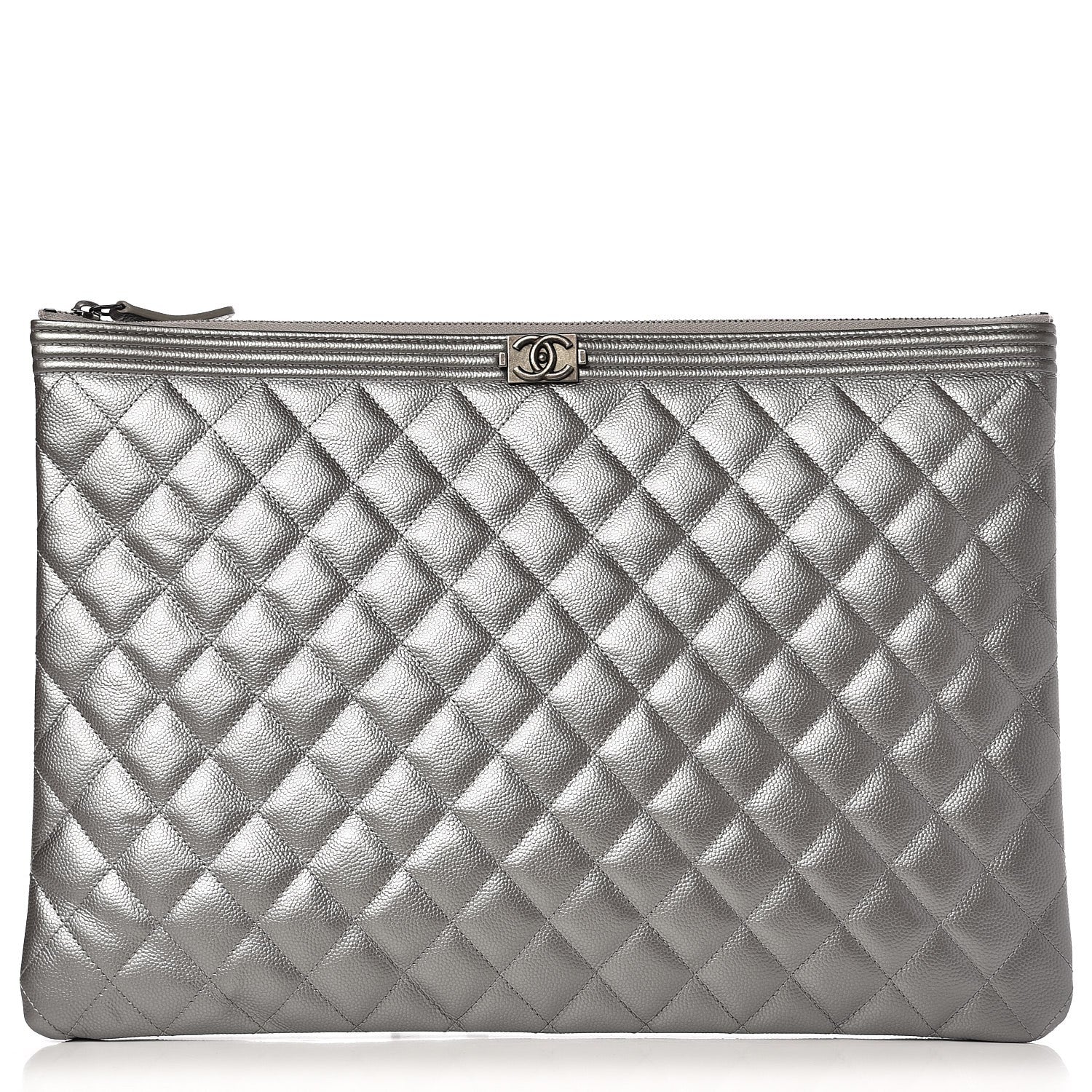 Chanel Metallic Caviar Quilted Large Boy Cosmetic Case Silver 1 of 7