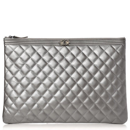 Chanel Metallic Caviar Quilted Large Boy Cosmetic Case Silver 1 of 7