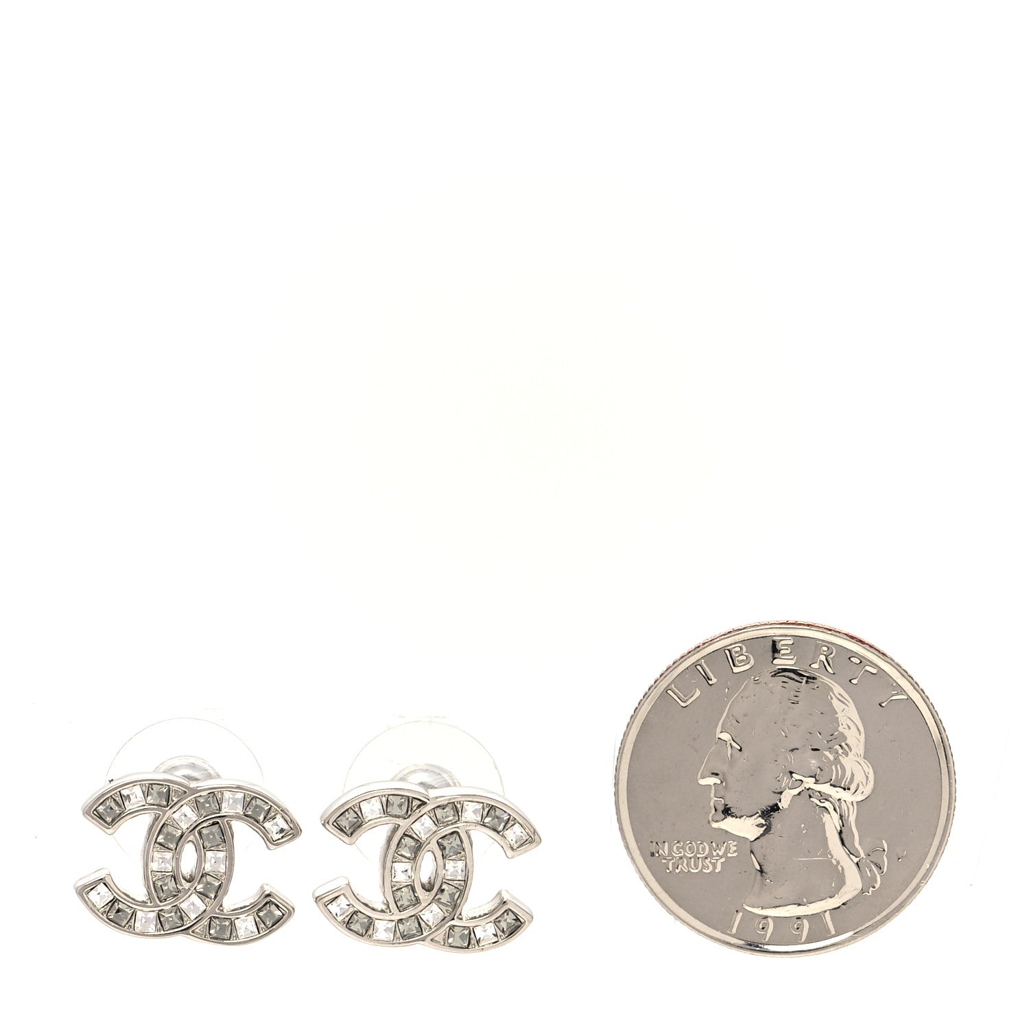 Chanel Baguette Crystal CC Earrings Silver Grey 2 of 5