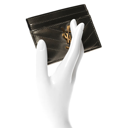 Saint Laurent Metallic Grain De Poudre Matelasse Chevron Monogram Credit Card Case Piombo 2 of 7