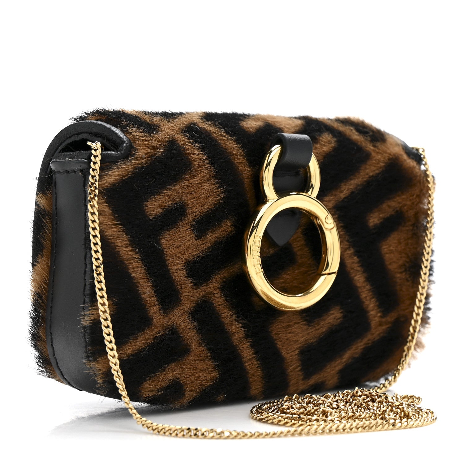 Fendi Sheared Sheepskin Vitello King FF Nano Baguette Charm Tobacco Moro Black 3 of 11