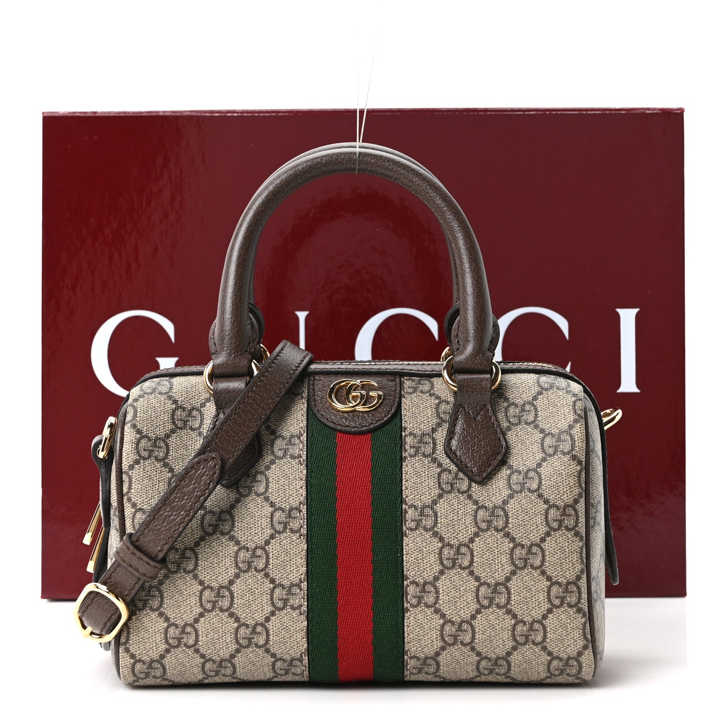 Gucci GG Supreme Monogram Textured Dollar Calfskin Web Mini Ophidia Top Handle Bag Beige Ebony New Acero 11 of 11