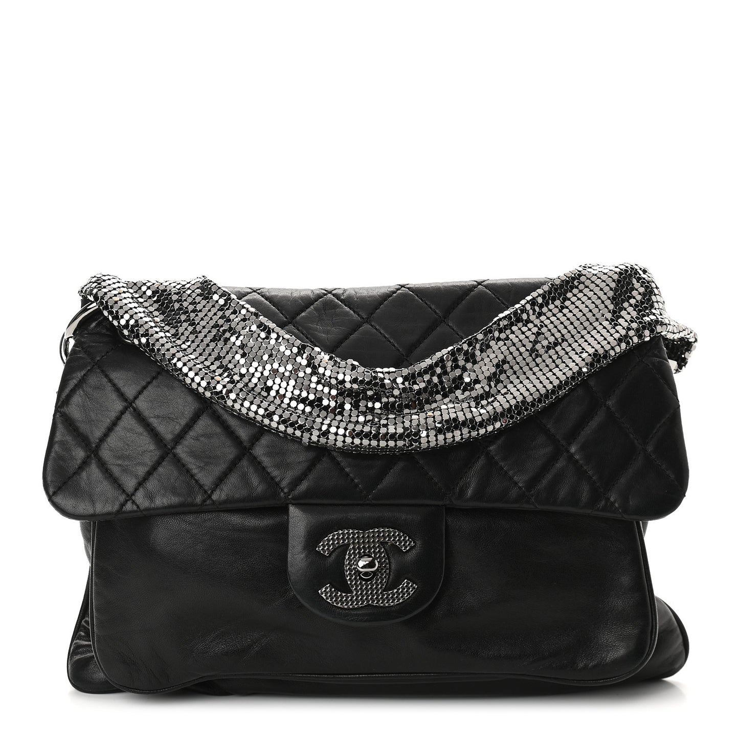 Lambskin Quilted Chain Mail Shoulder Bag Black