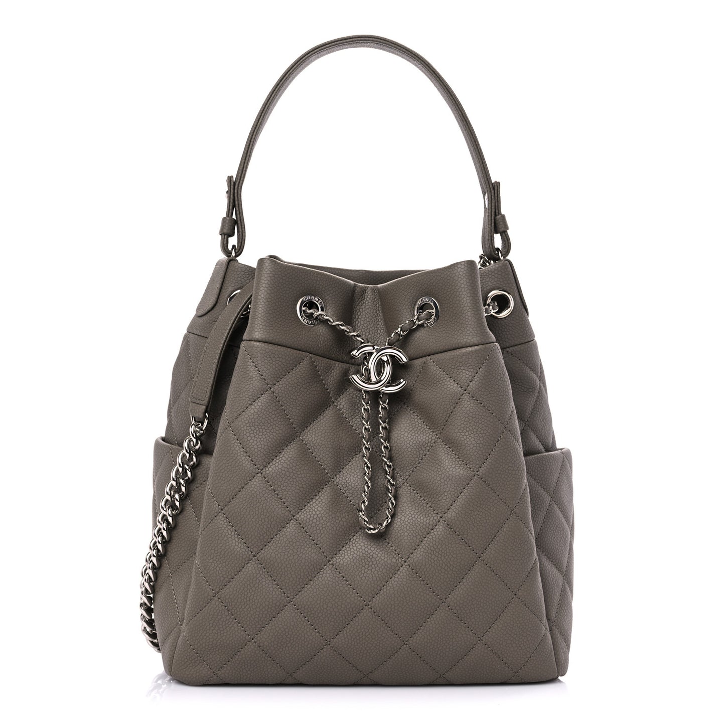 Caviar Flat Quilted CC Chain Bucket Drawstring Bag Khaki