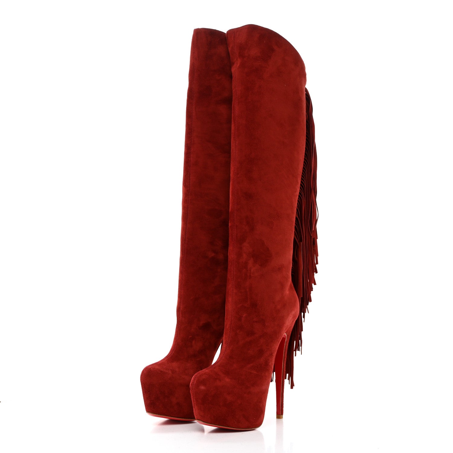 Christian Louboutin Suede Fringe Interlopa 160 Over The Knee Boots 37.5 Red 3 of 8