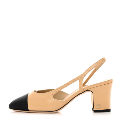 Chanel Goatskin Grosgrain Cap Toe CC Slingback Pumps 38 Beige Black 1 of 9