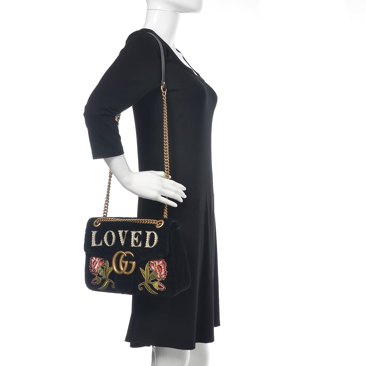 Velvet Matelasse Loved Embroidered Medium GG Marmont Shoulder Bag Black