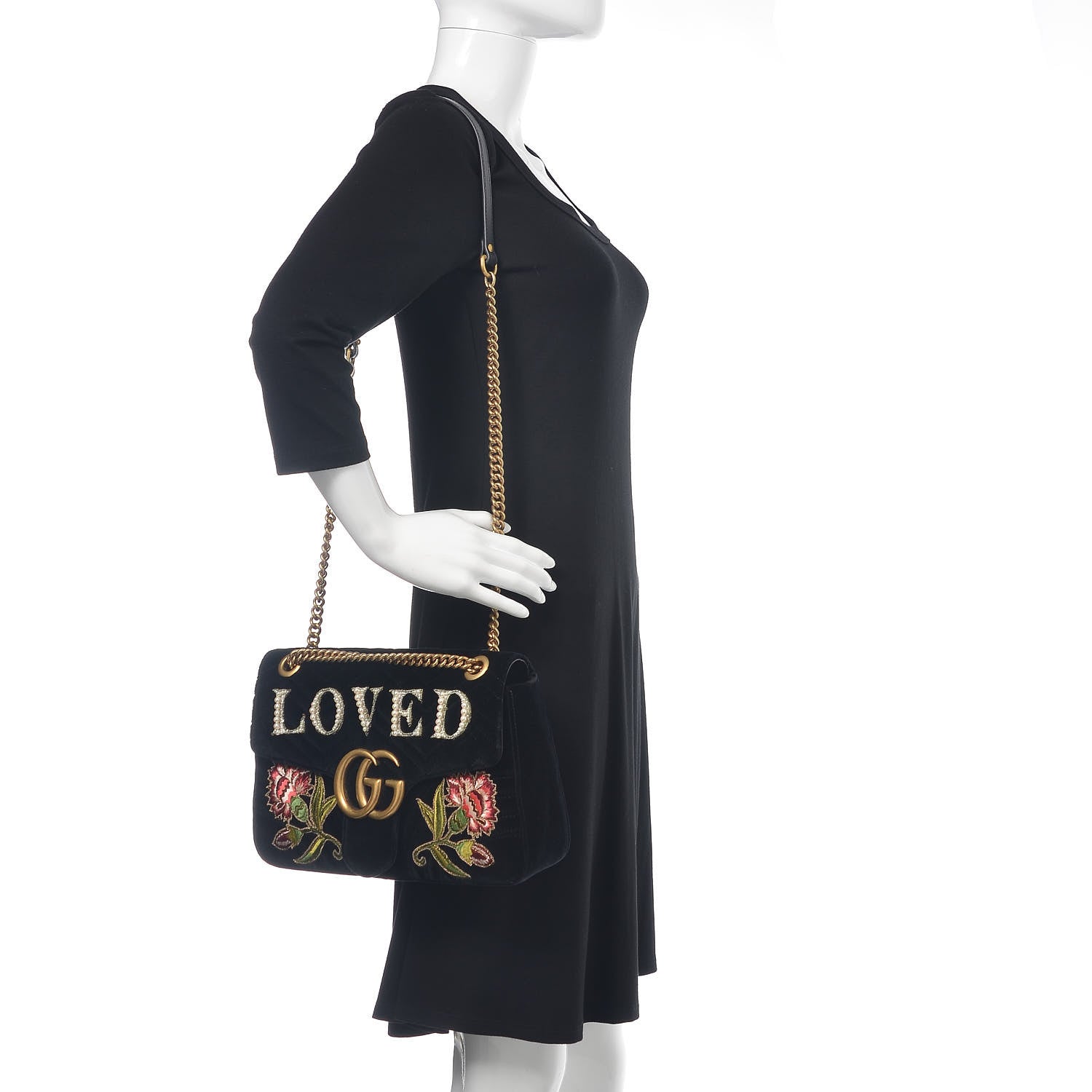Gucci Velvet Matelasse Loved Embroidered Medium GG Marmont Shoulder Bag Black 2 of 11