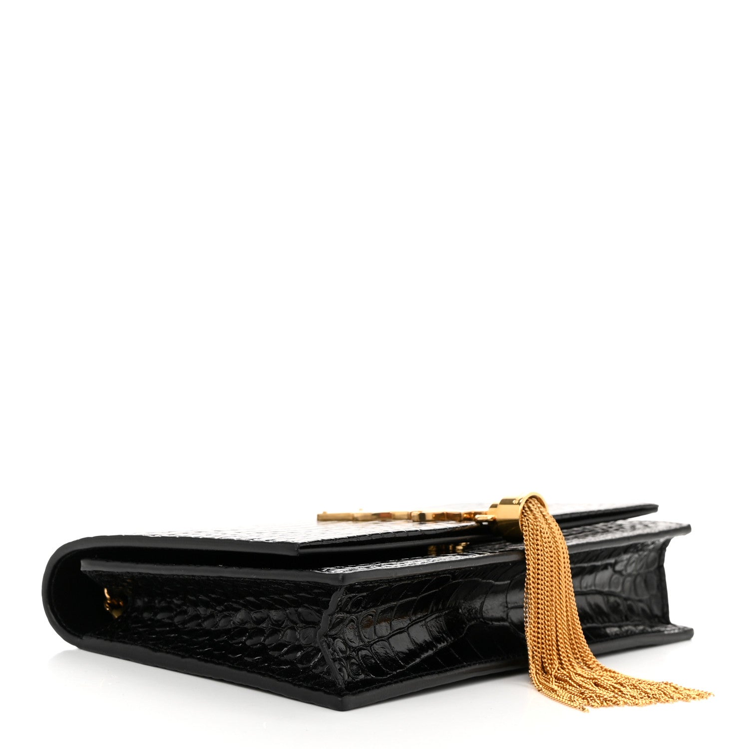 Saint Laurent Calfskin Crocodile Embossed Kate Monogram Tassel Chain Wallet Black 4 of 9