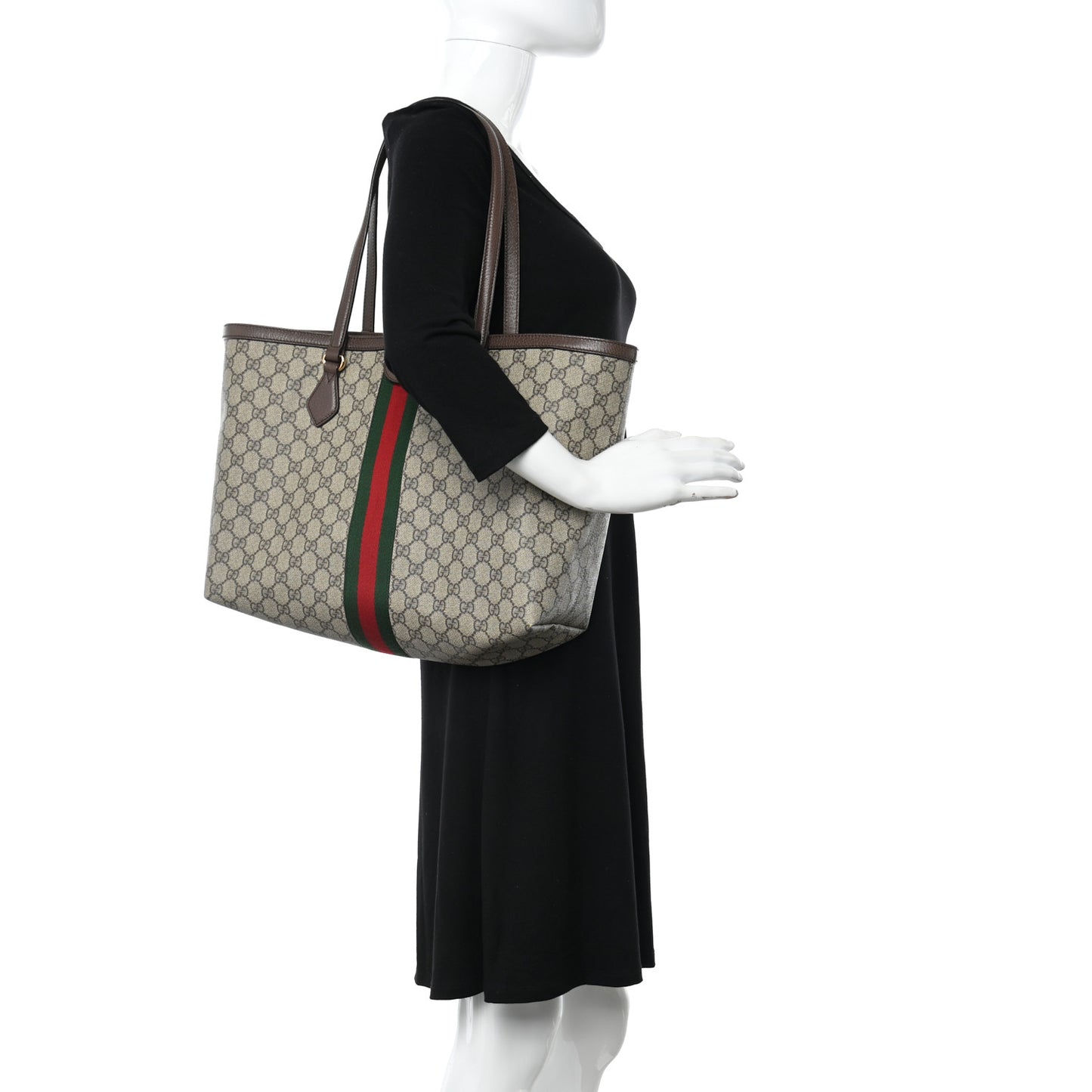 GG Supreme Monogram Textured Calfskin Web Medium Ophidia Shopping Tote Beige Ebony New Acero