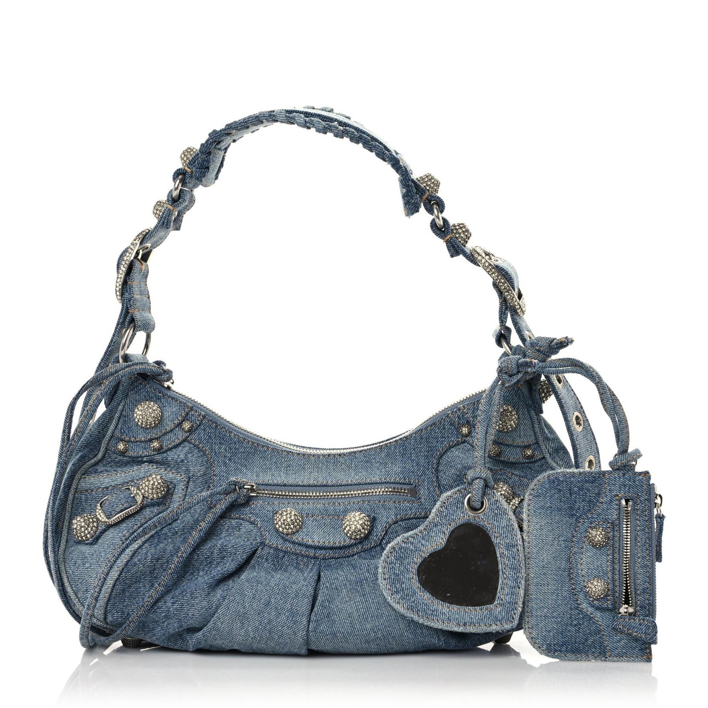 Washed Frayed Denim Crystal Small Le Cagole Shoulder Bag Blue