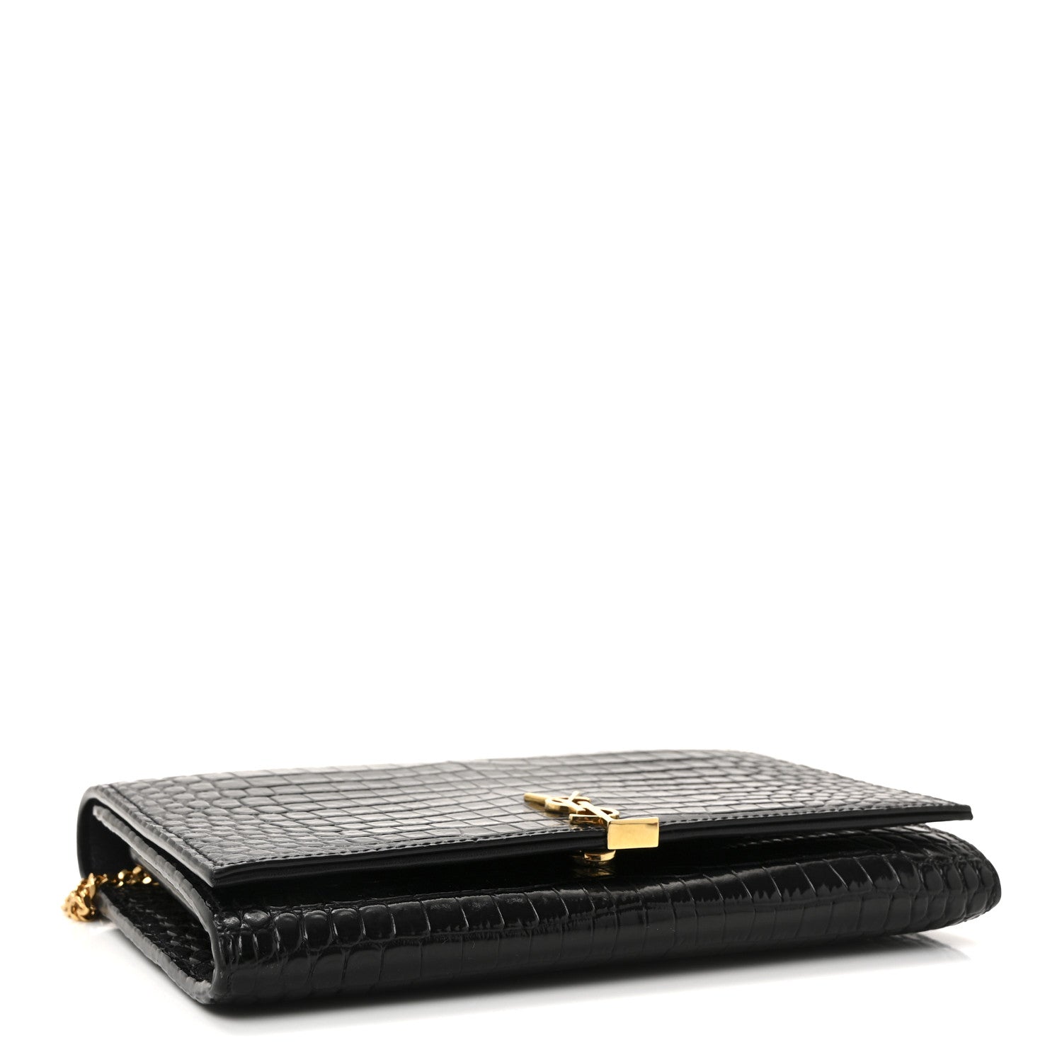 Saint Laurent Calfskin Crocodile Embossed Monogram Chain Wallet Black 4 of 9