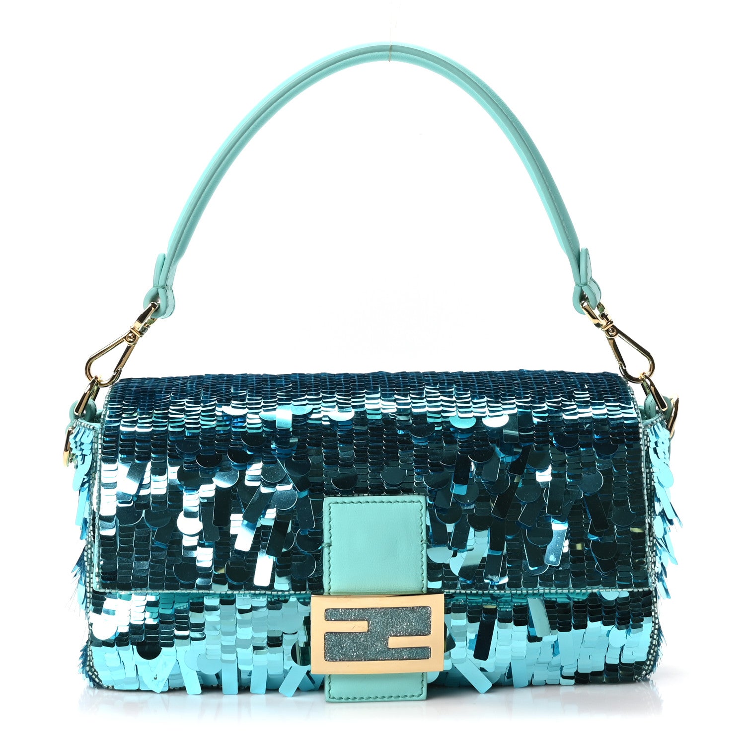 Fendi Sequin Paillettes Vitello Grace Sex and the City Baguette Spring Turquoise 1 of 11