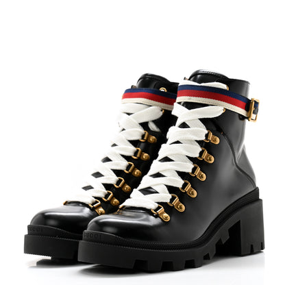 Gucci Calfskin Sylvie Web Womens Lace Up Combat Boots 37.5 Black 3 of 10