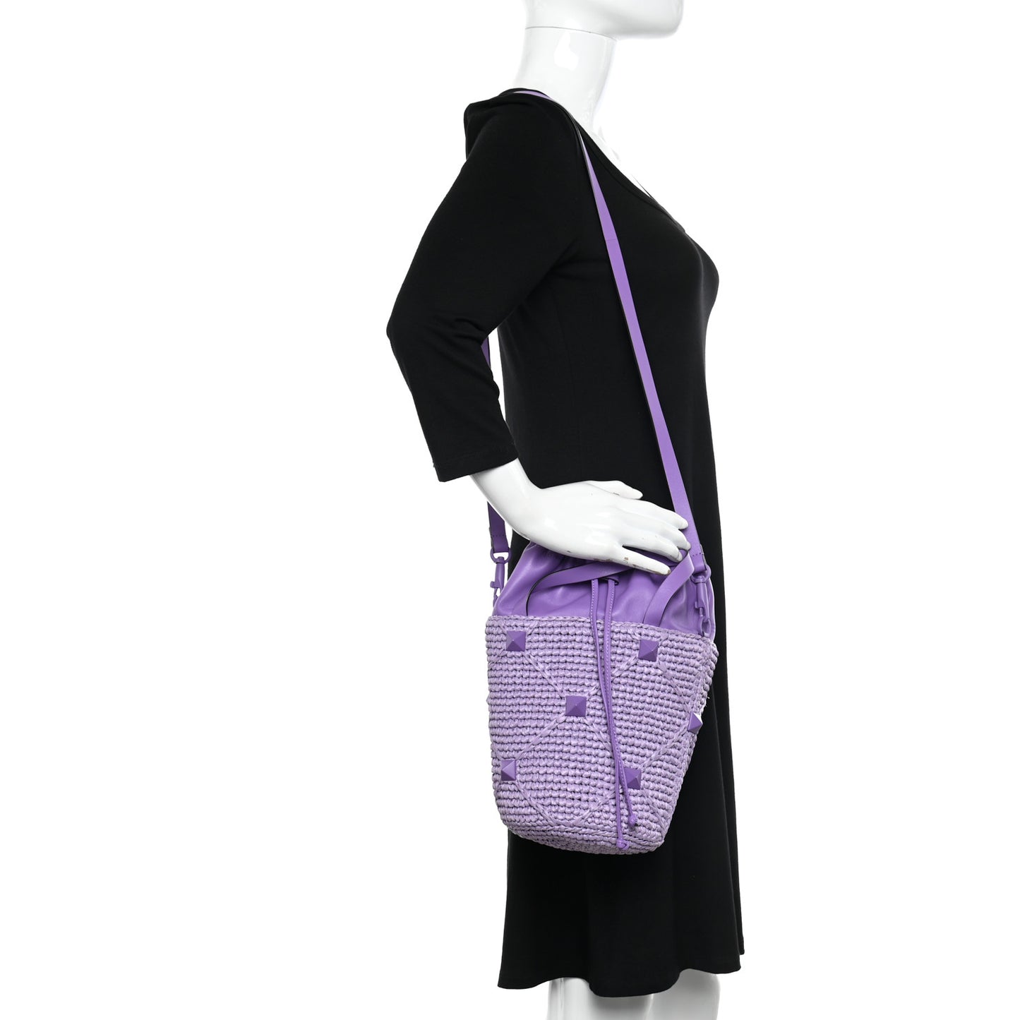 Raffia Nappa Monochrome Roman Stud Drawstring Bucket Bag Glicine
