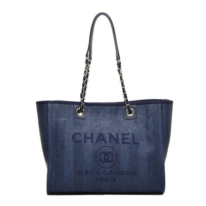 Chanel Mixed Fibers Striped Small Deauville Tote Navy Blue 1 of 10