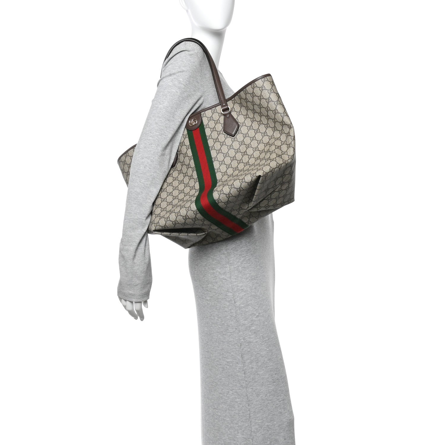 Gucci GG Supreme Monogram Calfskin Web Large Ophidia Tote Beige Dark Brown 2 of 10