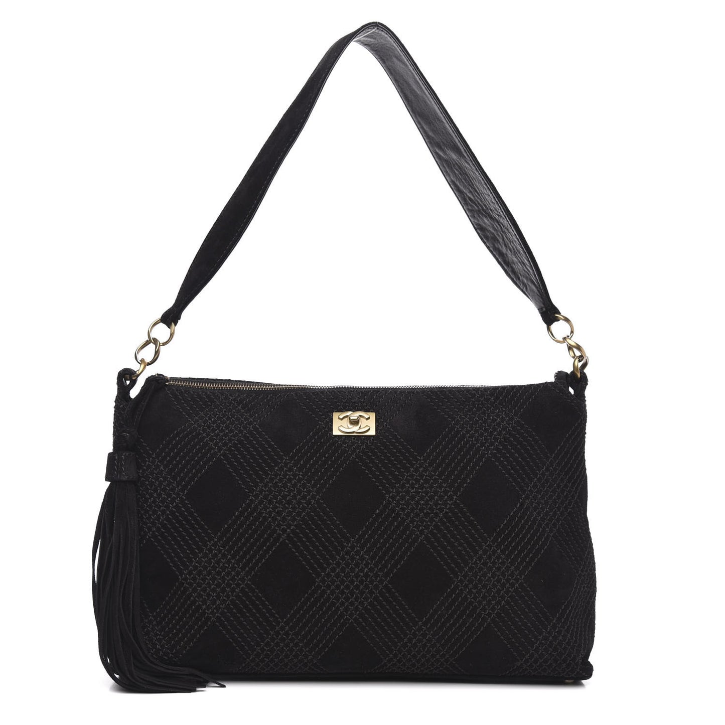 Suede Tassel Diamond Stitch CC Shoulder Bag Black